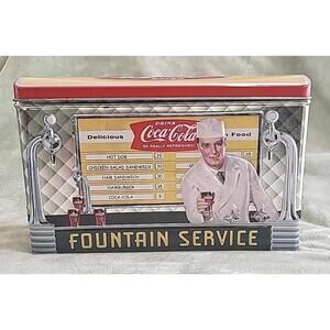 Vintage Embossed Coca Cola Fountain Service Removable Lid Tin Box (2002)